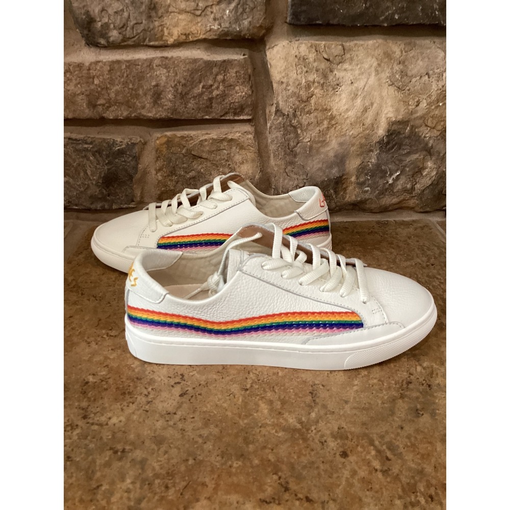 Soludos Womens Size 8.5 White Leather Rainbow Sunburst Good Vibes Sneakers New